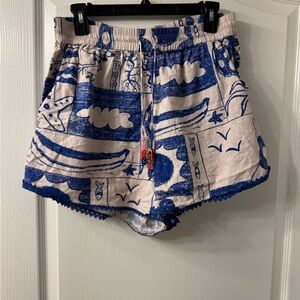 Farm Rio Blue and Cream Graphic High Waist Shorts